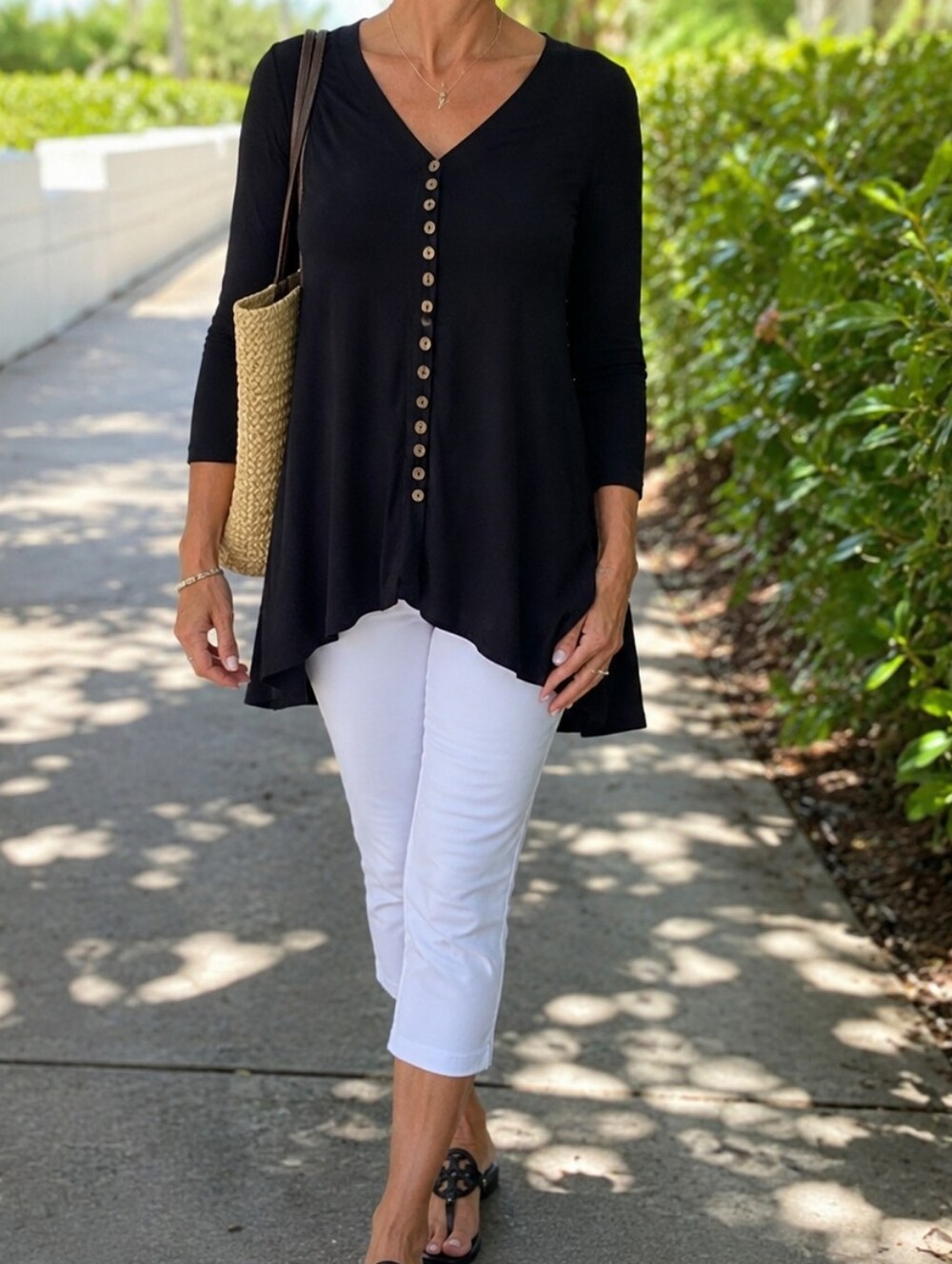 Sympli Black Stretch Jersey Knit Tunic Top Long Sleeve Button Front Swing Hem